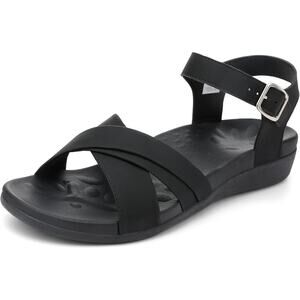 Utenag Womens Size 9.5 Black Open Toe Buckle Strap Comfort Flat Walking Sandals